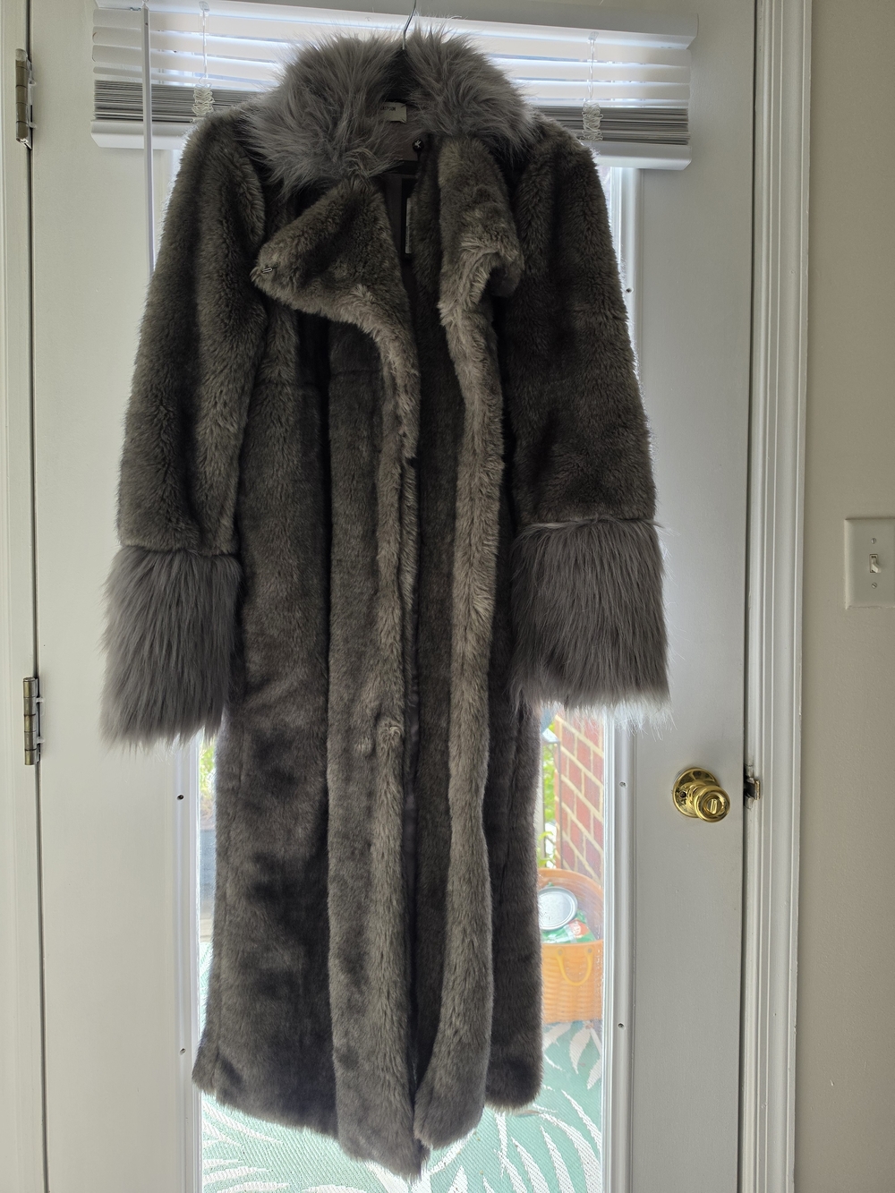 One Teaspoon Long Faux Fur Coat in Gray with Flared Cuffs
